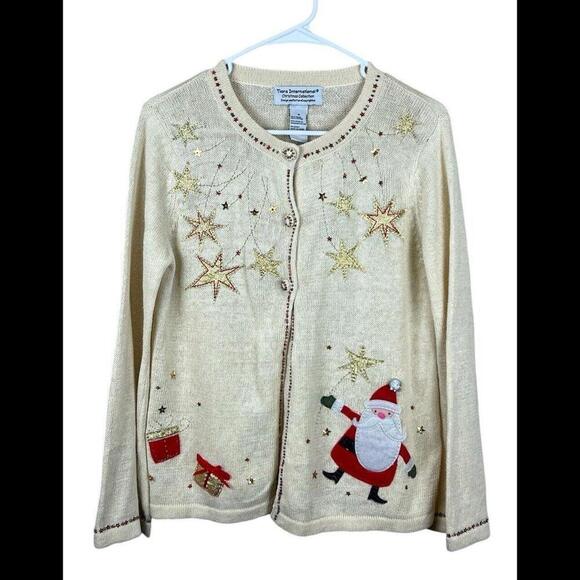 Vintage Tiara Sweater Size Medium Santa Cardigan Star Button ‎ Metallic - Picture 1 of 5